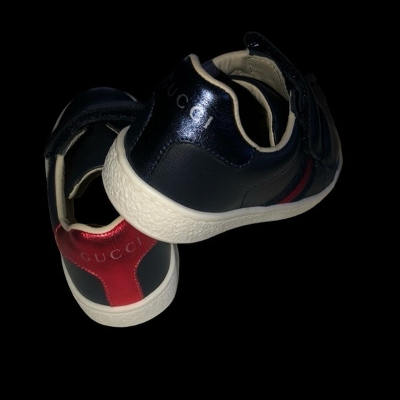 GUCCI ACE LEATHER NAVY BLUE SNEAKER TODDLER SIZE 23 (US SZ 7) UNISEX w POUCH - Picture 3 of 15